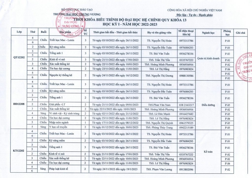 Thời khóa biểu học kì 1 năm học 2022 – 2023 hệ Đại học chính quy khóa 13 của trường Đại học Trưng Vương