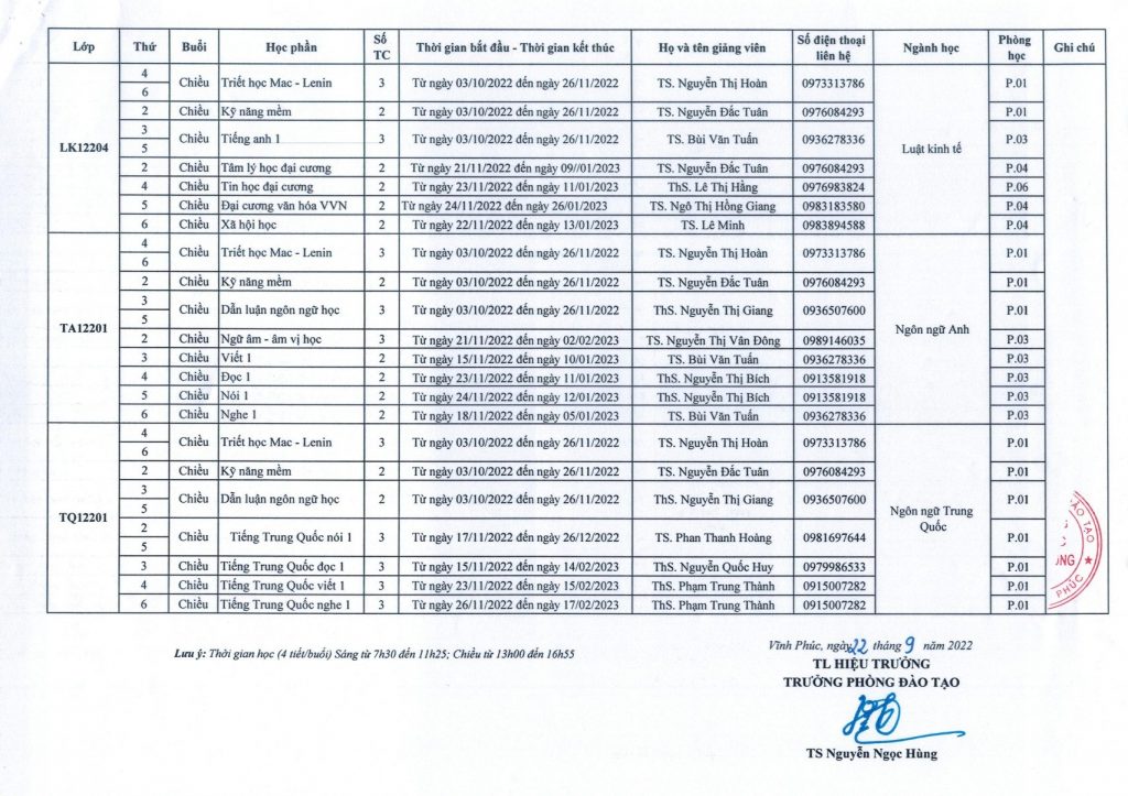 Thời khóa biểu học kì 1 năm học 2022 – 2023 hệ Đại học chính quy khóa 13 của trường Đại học Trưng Vương