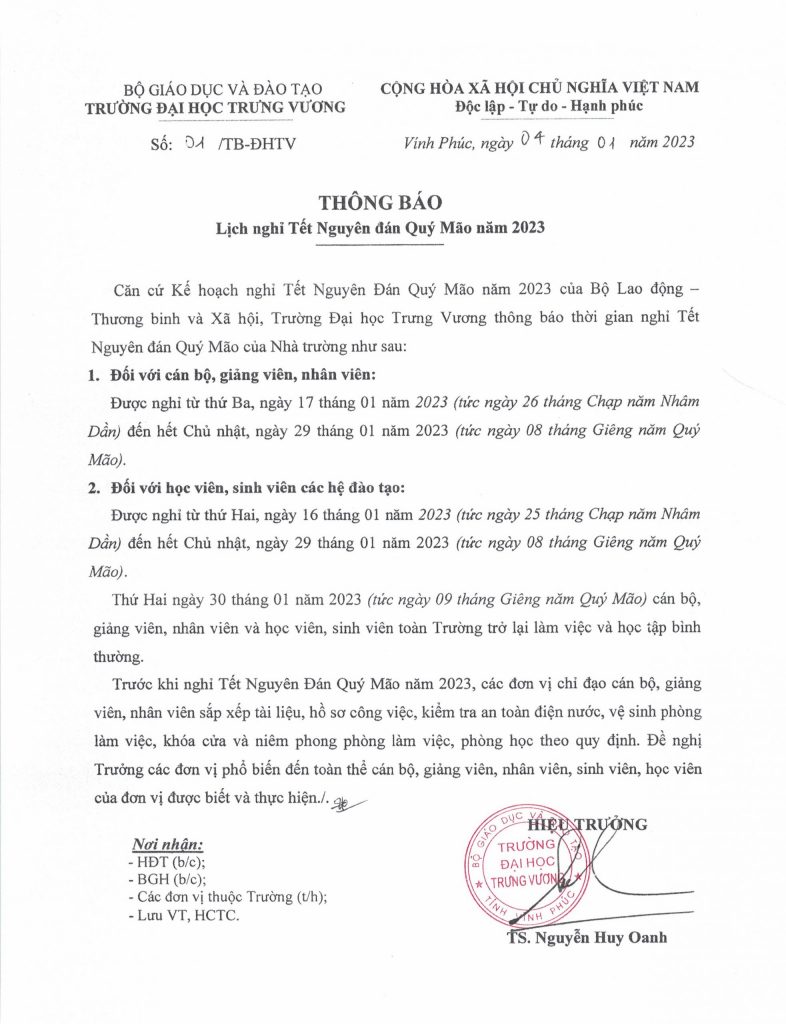 Lịch nghỉ Tết Nguyên đán Quý Mão năm 2023 - Trường ĐH Trưng Vương